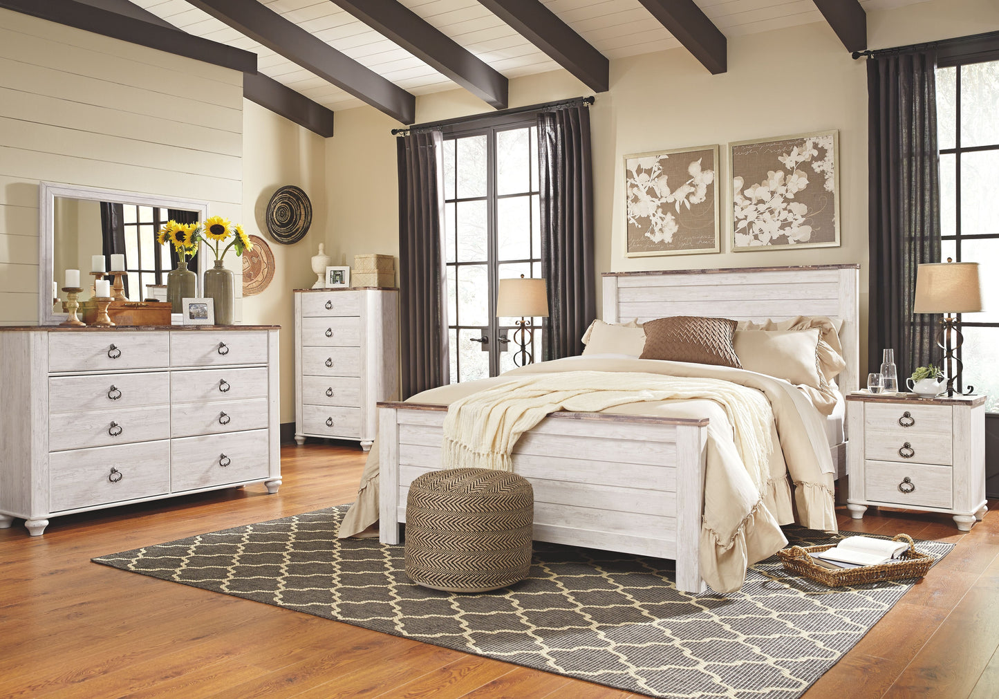 Willowton - Two Drawer Night Stand - Brown / Beige / White